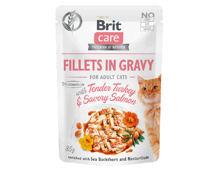 Brit Care Cat Pouches Fillets in Gravy with Tender Turkey & Savory Salmon Enriched with Sea Buckthorn and Nasturtium