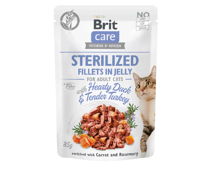 Brit Care Cat Pouch STERILISED Fillets in Jelly with Hearty Duck & Tender Turkey enriched with Carrot & Rosemary 85g